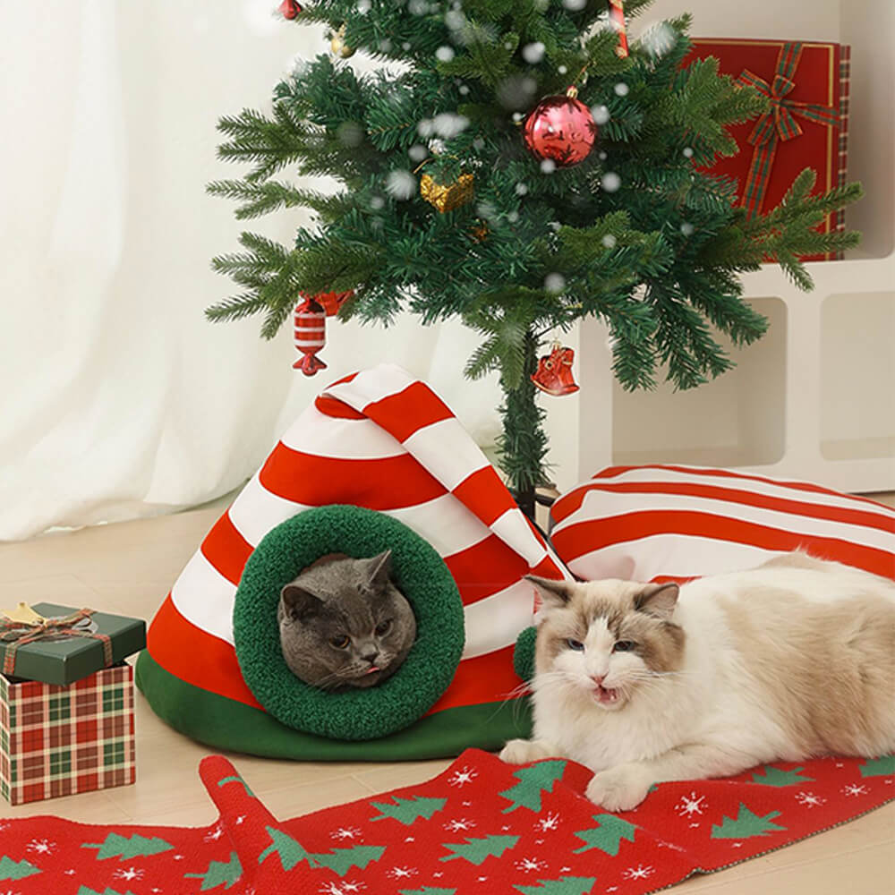 Classic Christmas Hat Warm Washable Semi-Enclosed Cat Cave Bed