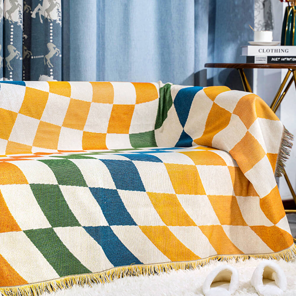 Color Block Checkerboard Multi-functional Sofa Blanket Anti-Scratch Couch Cover