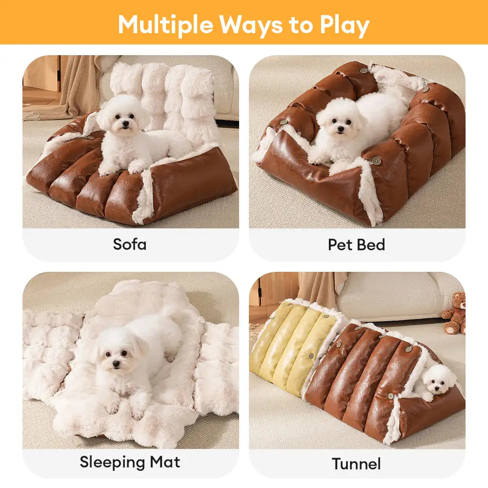 Faux Leather Vintage Multi-function Plush Dog Bed Convertible Dog Car Seat