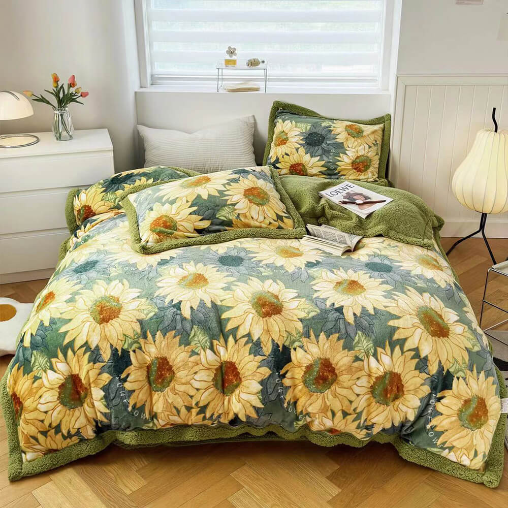 Floral Print Milk Velvet & Sherpa Double-Sided Bed Sheet Set