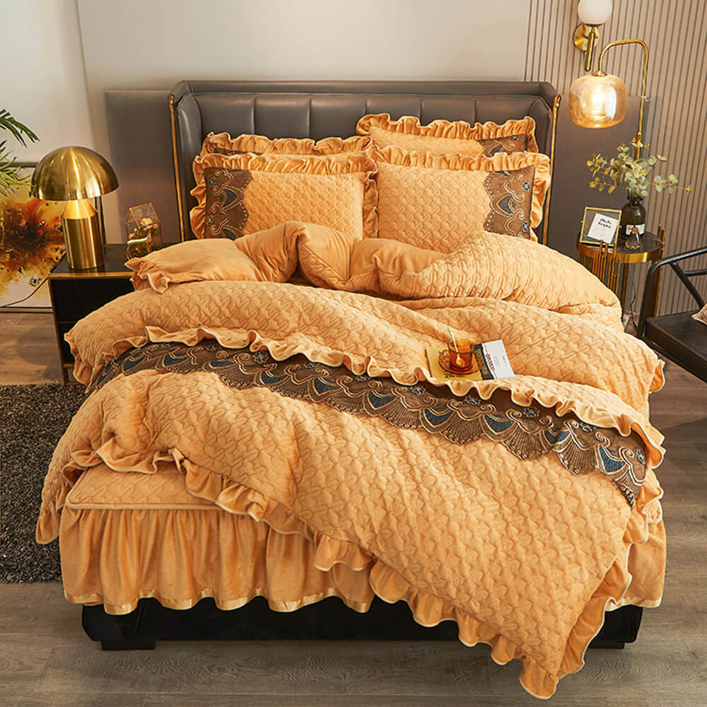 Luxurious Crystal Velvet Embroidered Non-Slip Bed Sheet Set with Bed Skirt