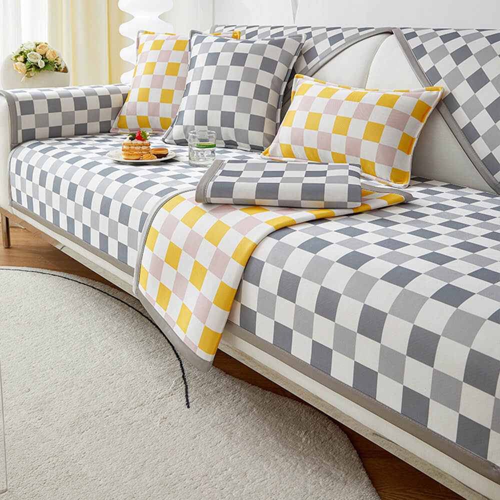 Modern Ice Silk Breathable Anti-Slip Checkered Couch Cover