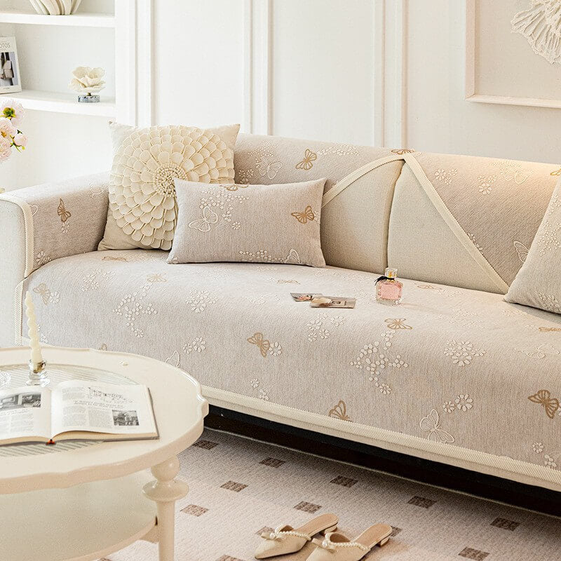 Chenilla Antideslizante Estampado de Mariposas Morandi <tc>Color</tc> Funda de sofá