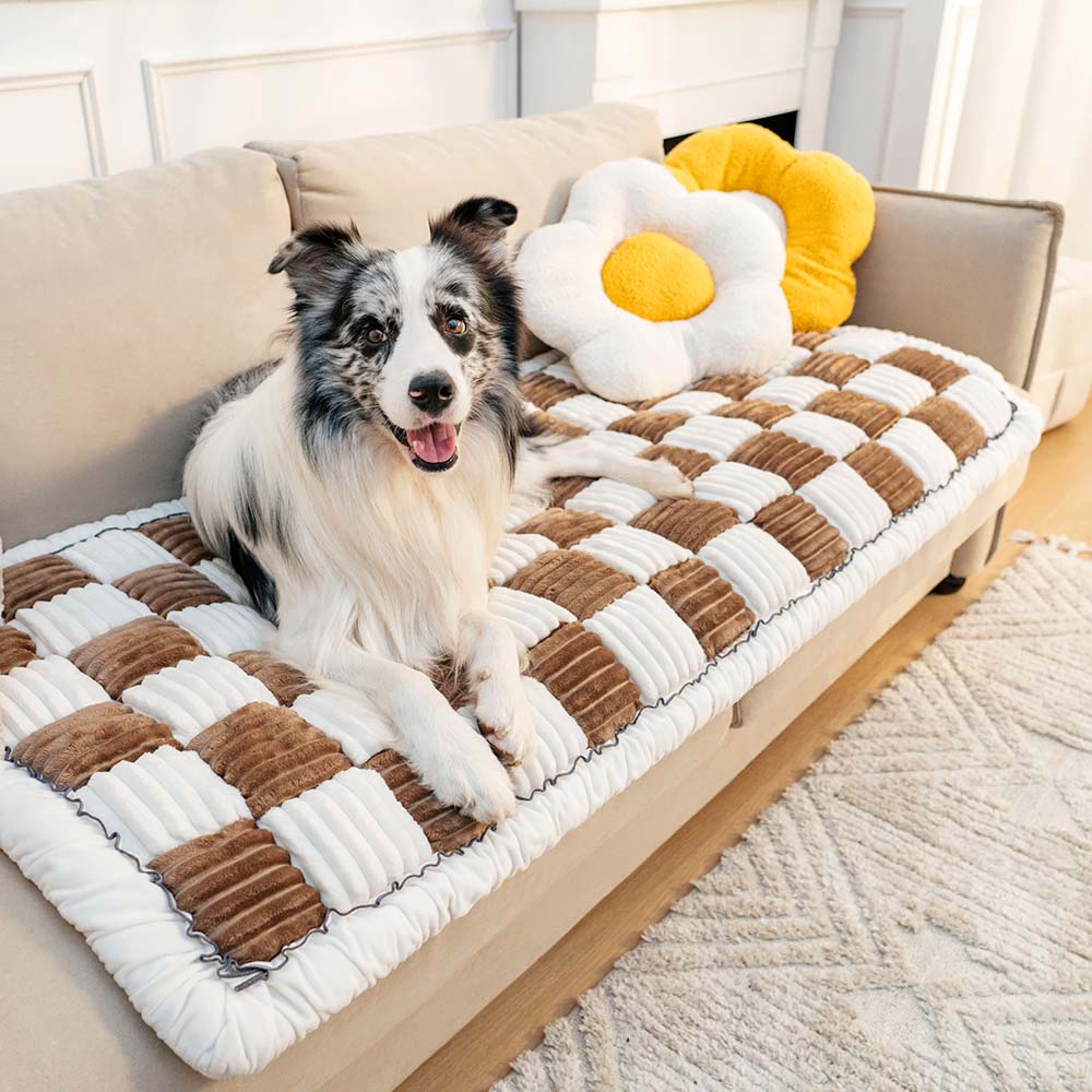 Color crema grande a cuadros cuadrado difuso mascota perro Mat cama sofá cubierta
