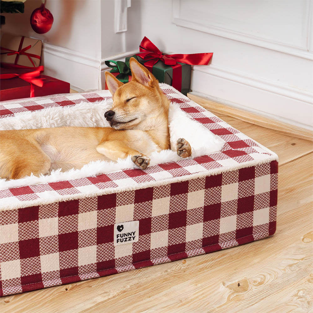 Cama calmante antiansiedad para perros acogedora y clásica de tartán festivo