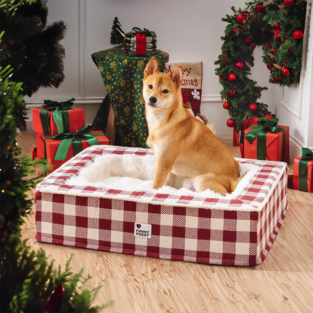 Festive Classic Tartan Cozy Dog Anti-Anxiety Calming Bed Home Bundle