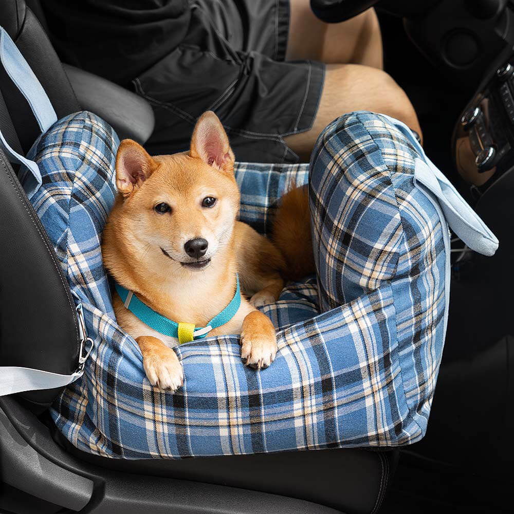 Cama con asiento de coche para perros de seguridad de viaje a cuadros vintage