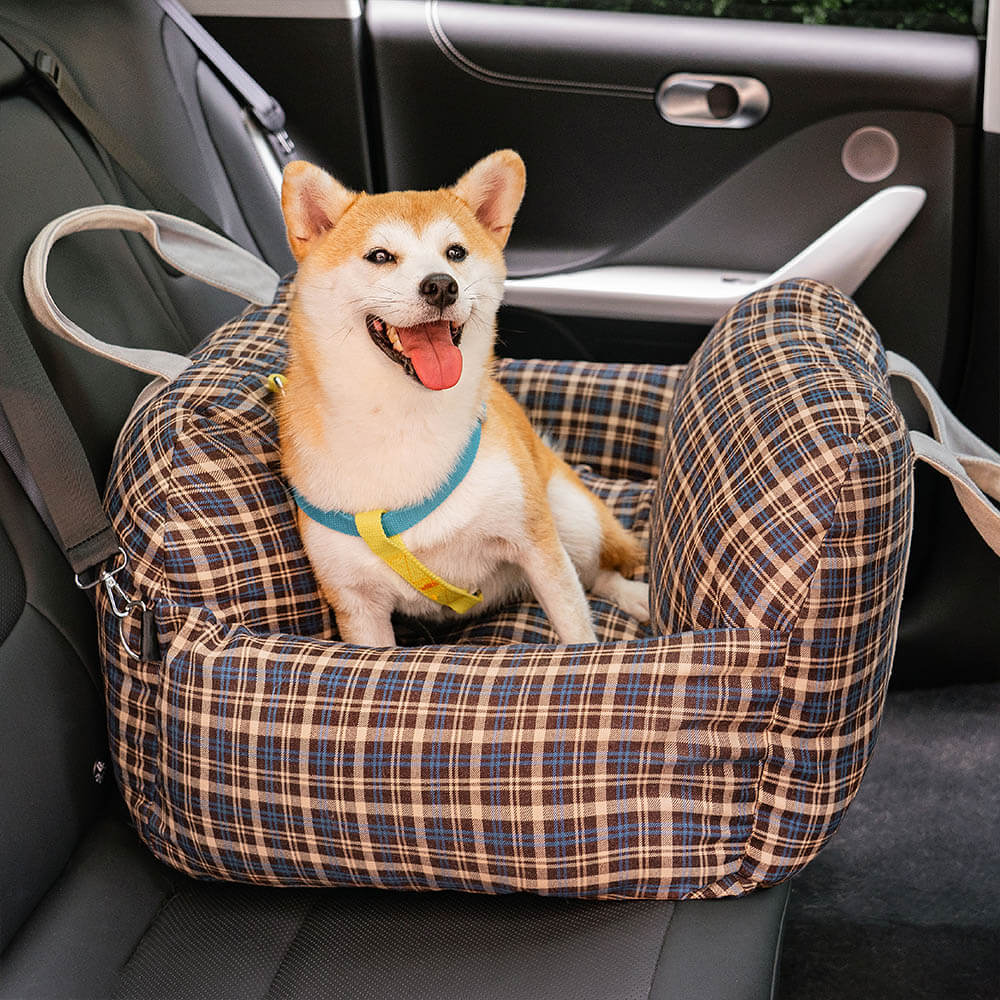 Cama con asiento de coche para perros de seguridad de viaje a cuadros vintage