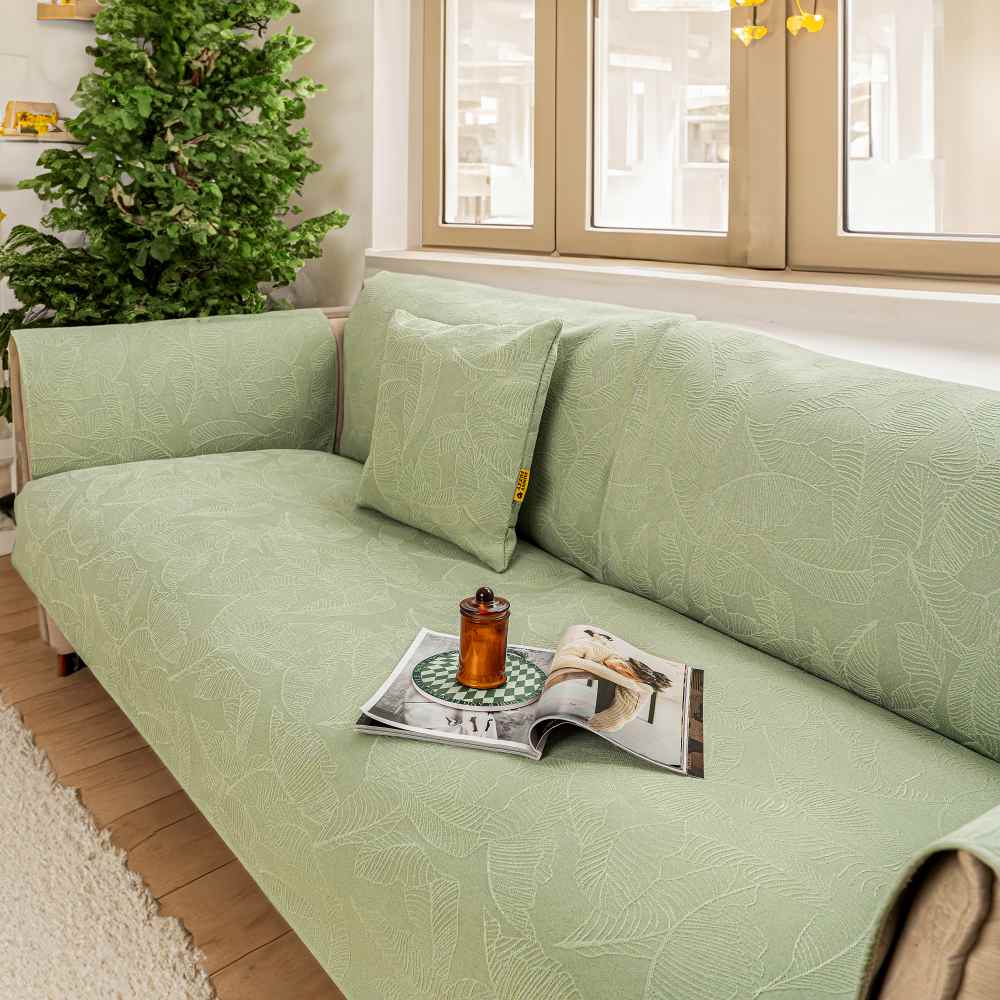 Funda de sofá protectora de sofá Jacquard con textura de hoja de color sólido de lujo