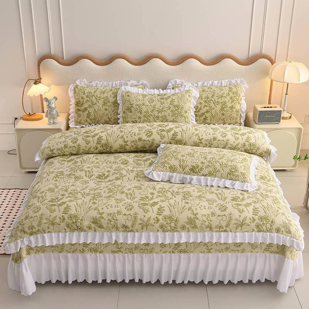 Floral Plaid Creamy Velvet Bed Sheet Set