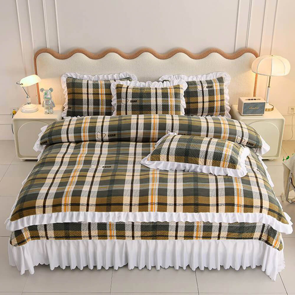 Floral Plaid Creamy Velvet Bed Sheet Set