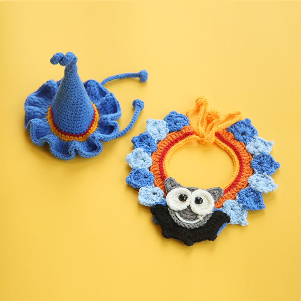 Disfraz de mascota de Halloween, collar de calabaza tejido hecho a mano y sombrero de bruja