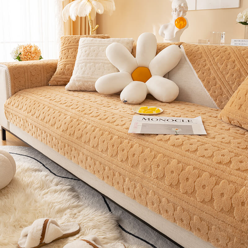 Funda de sofá lavable de forro polar de algodón suave con estampado de flores tridimensionales