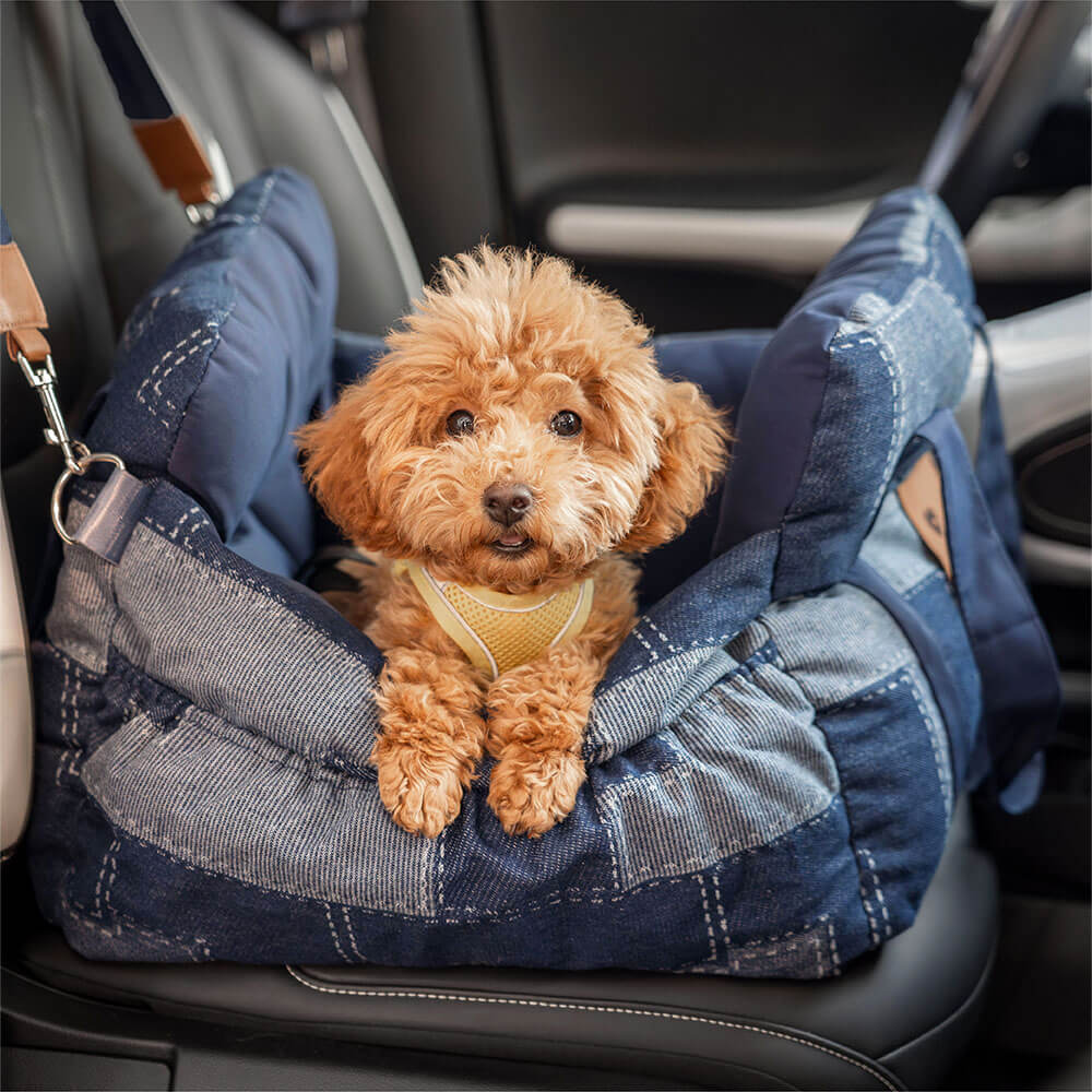 Cama para asiento de coche para perros con retazos de mezclilla vintage con refuerzo de seguridad para viajes