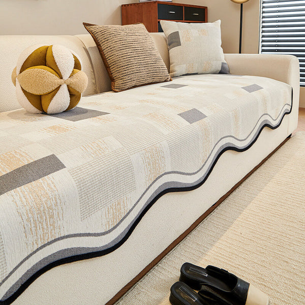 Cubierta de sofá anti-deslizamiento duradera de patrón de espiga con molduras onduladas-resistente a los rasguños de mascotas