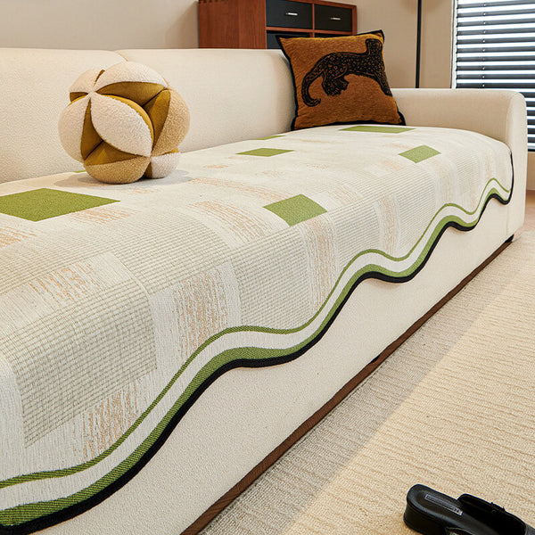 Cubierta de sofá anti-deslizamiento duradera de patrón de espiga con molduras onduladas-resistente a los rasguños de mascotas