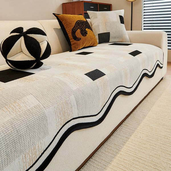 Cubierta de sofá anti-deslizamiento duradera de patrón de espiga con molduras onduladas-resistente a los rasguños de mascotas