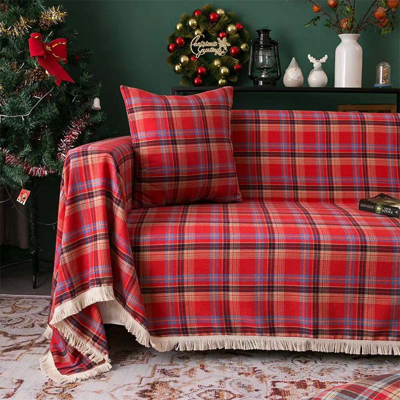 Manta a cuadros estilo navideño vintage, funda de sofá envolvente completa