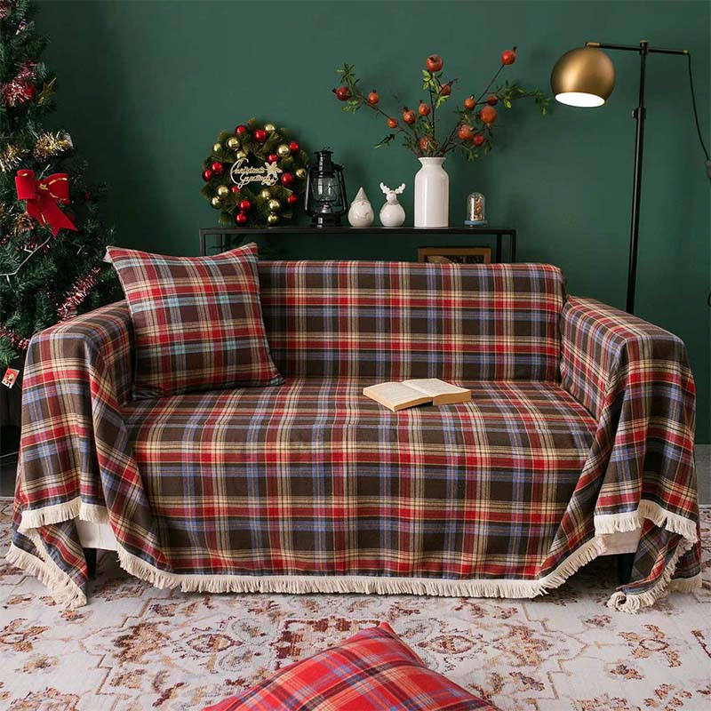 Manta a cuadros estilo navideño vintage, funda de sofá envolvente completa