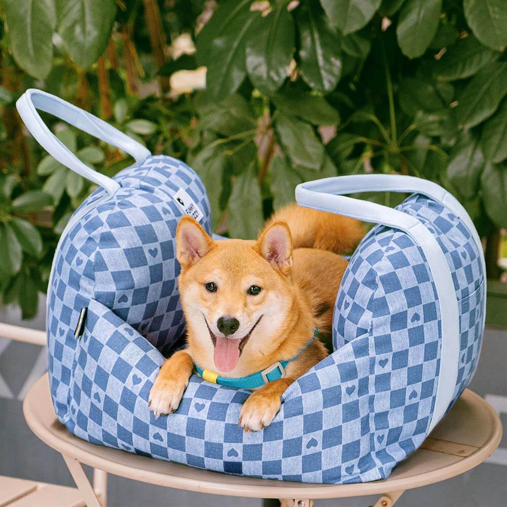 Cama para asiento de coche para perro con diseño de tablero de ajedrez y corazón vintage