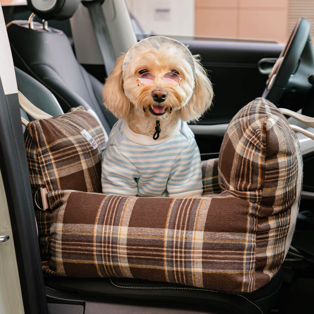 Cama con asiento de coche para perros de seguridad de viaje a cuadros vintage