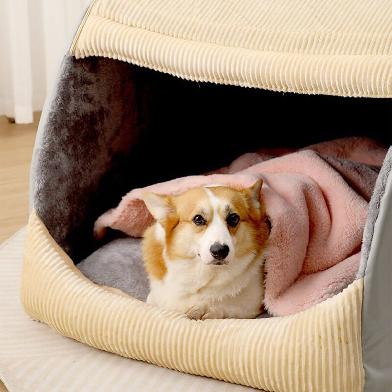 Lit de tente semi-fermé amovible en flanelle chaude pour grand chien