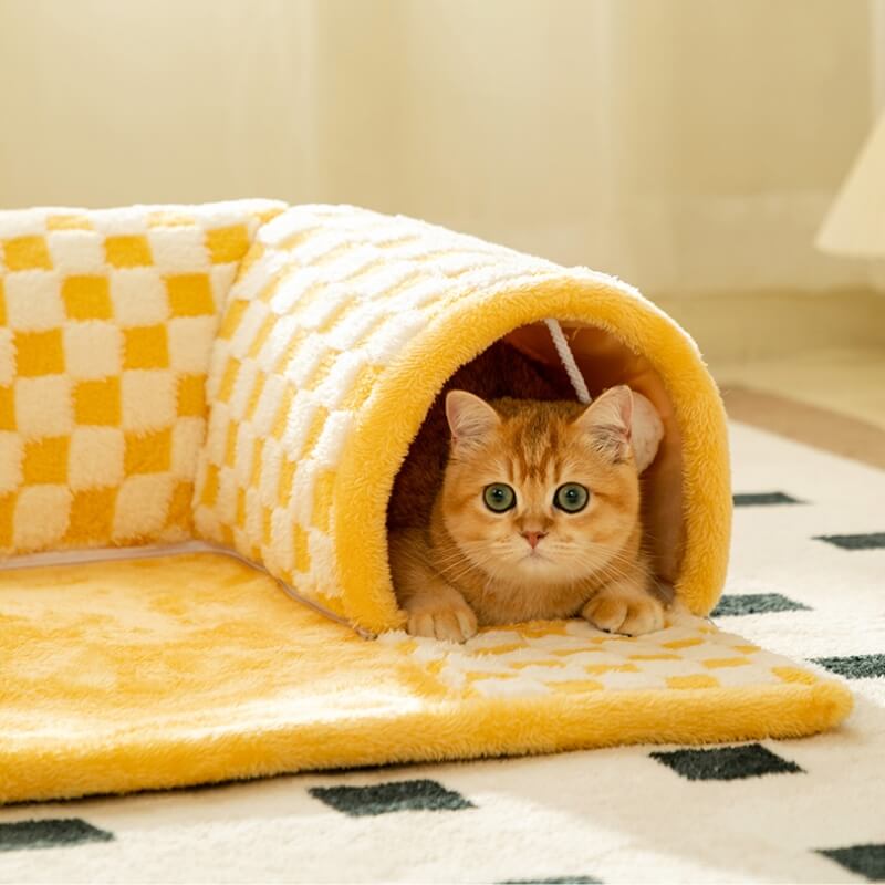 Cama túnel para gatos a cuadros de felpa divertida 2 en 1