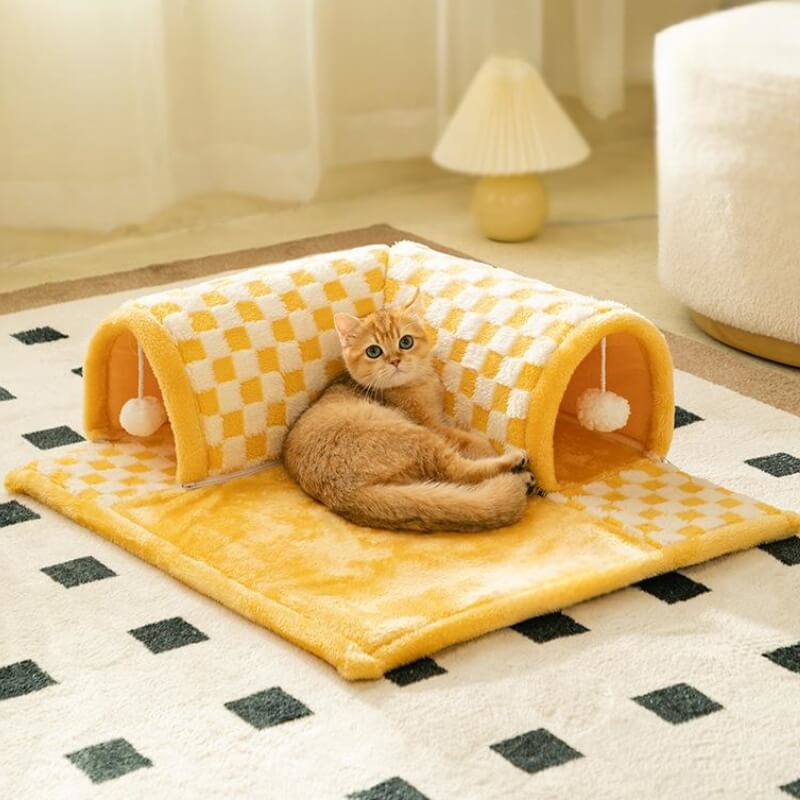2-in-1-Tunnelbett für Katzen mit lustigem Plüsch-Karomuster