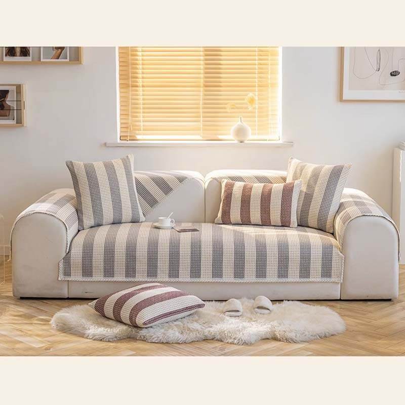 Funda de sofá protectora de muebles antiarañazos a rayas de lino y algodón