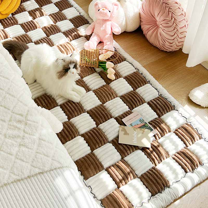 Color crema grande a cuadros cuadrado difuso mascota perro Mat cama sofá cubierta