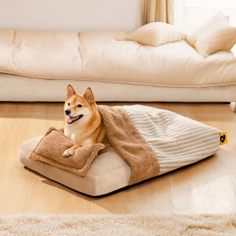 Cama de perros ortopédico de cueva de rayas de lujosa con almohada - Fluffywarm