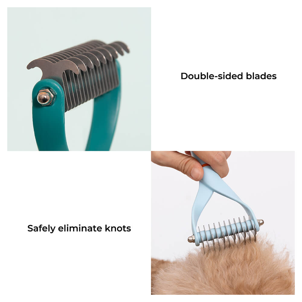 Rastrillo de peine desenredante seguro para mascotas con cuchillas de doble cara y cinta